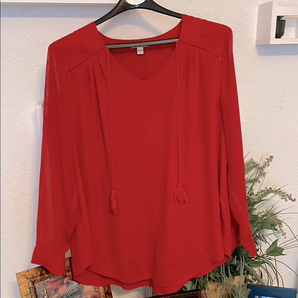 ❤️Elegant CATO Tomato Red Women's plus SZ:2XL long sleeve Top v neck fringe Tie
